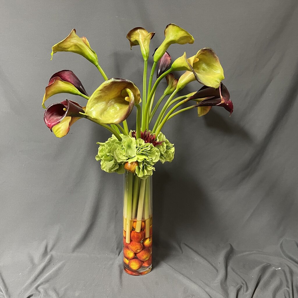 Cala Lillies + Fruit in Glass Vase