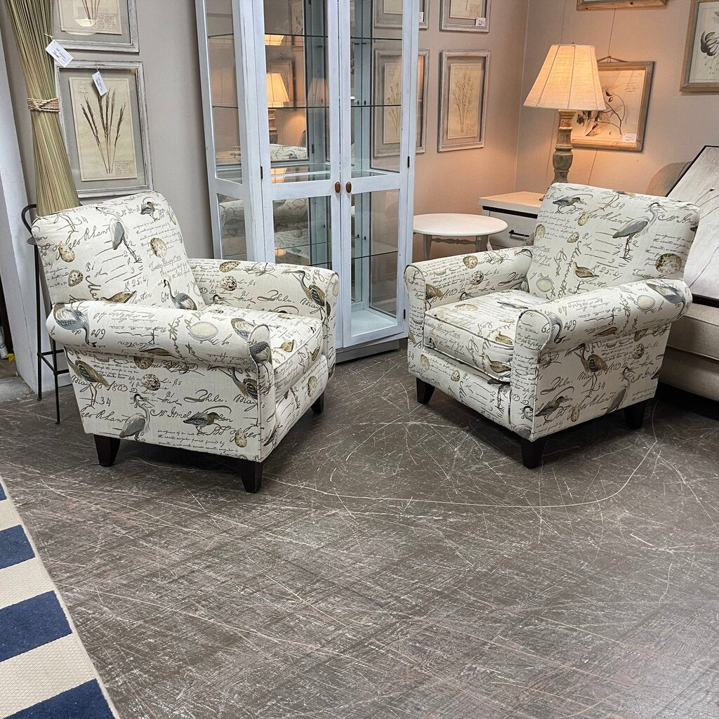 Pair Bird Print Accent Chairs