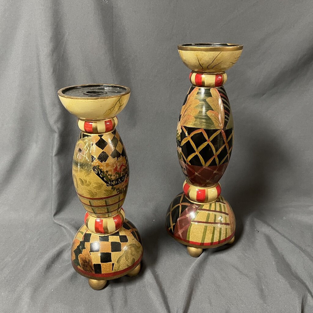 Pair Painted Wood Candleholders