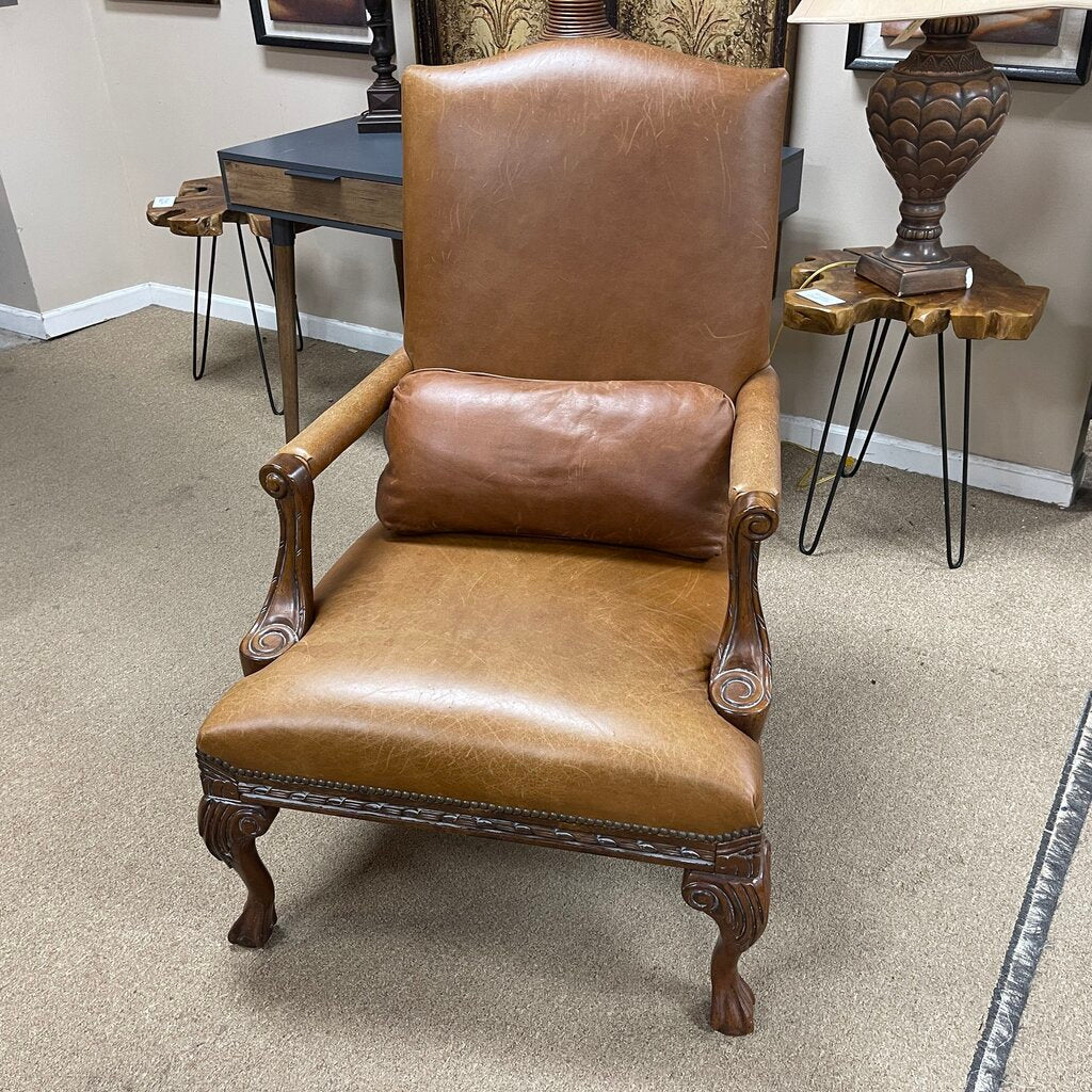Wood + Leather Armchair w/Pillow