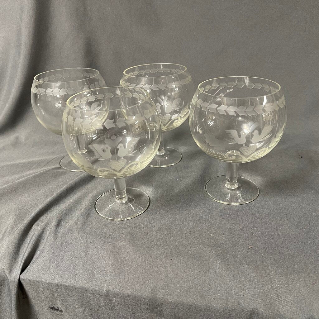 Set/4 Lovebird Etched Crystal Water Goblets