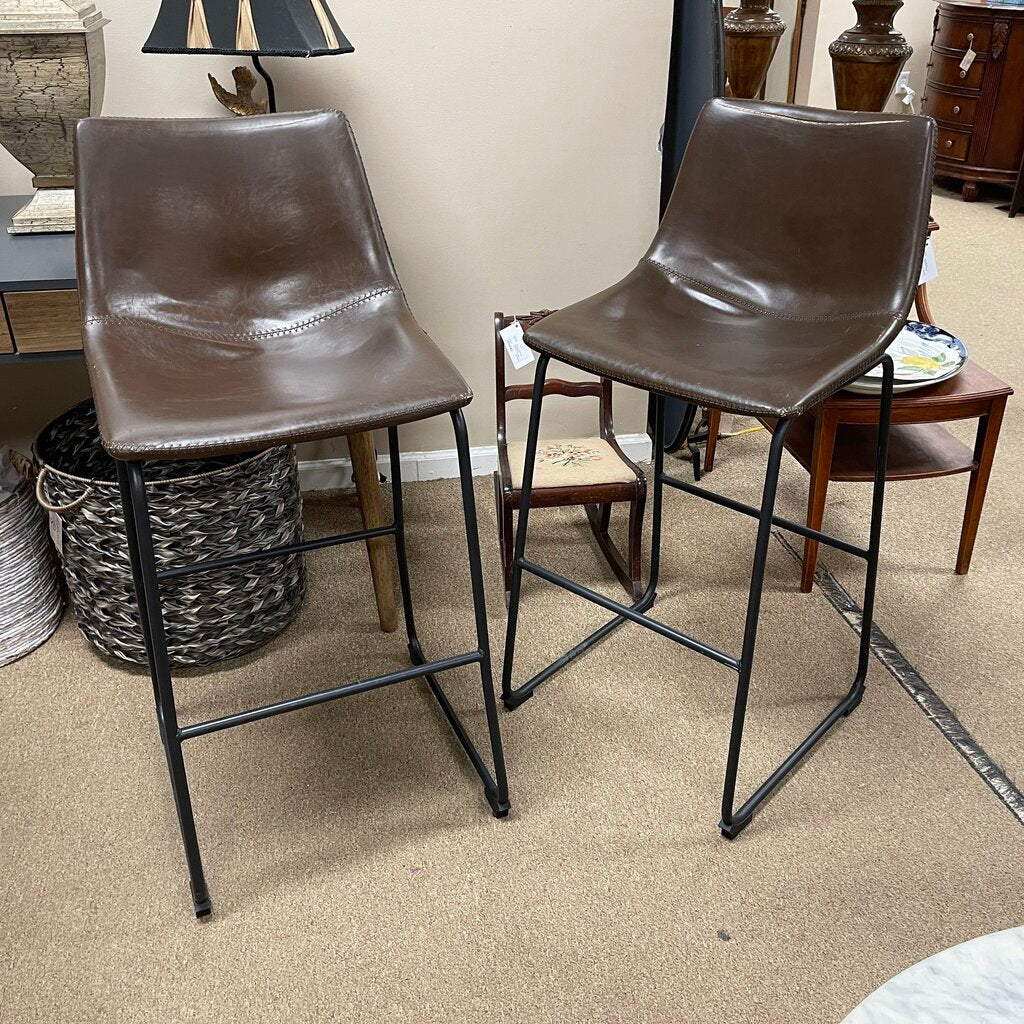 Pair Faux Leather + Metal Bar Stools