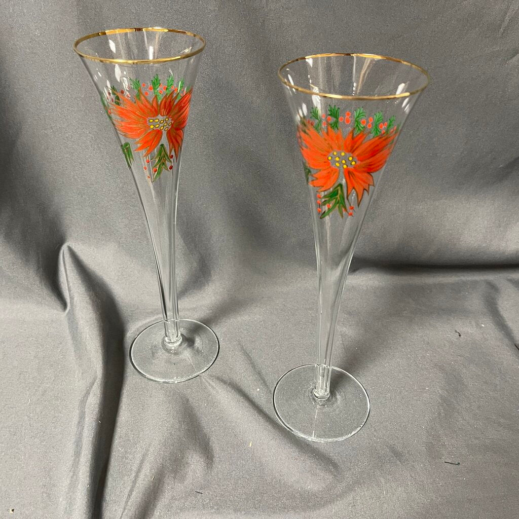 Pair Hand Painted Poinsettia Champagne Flutes