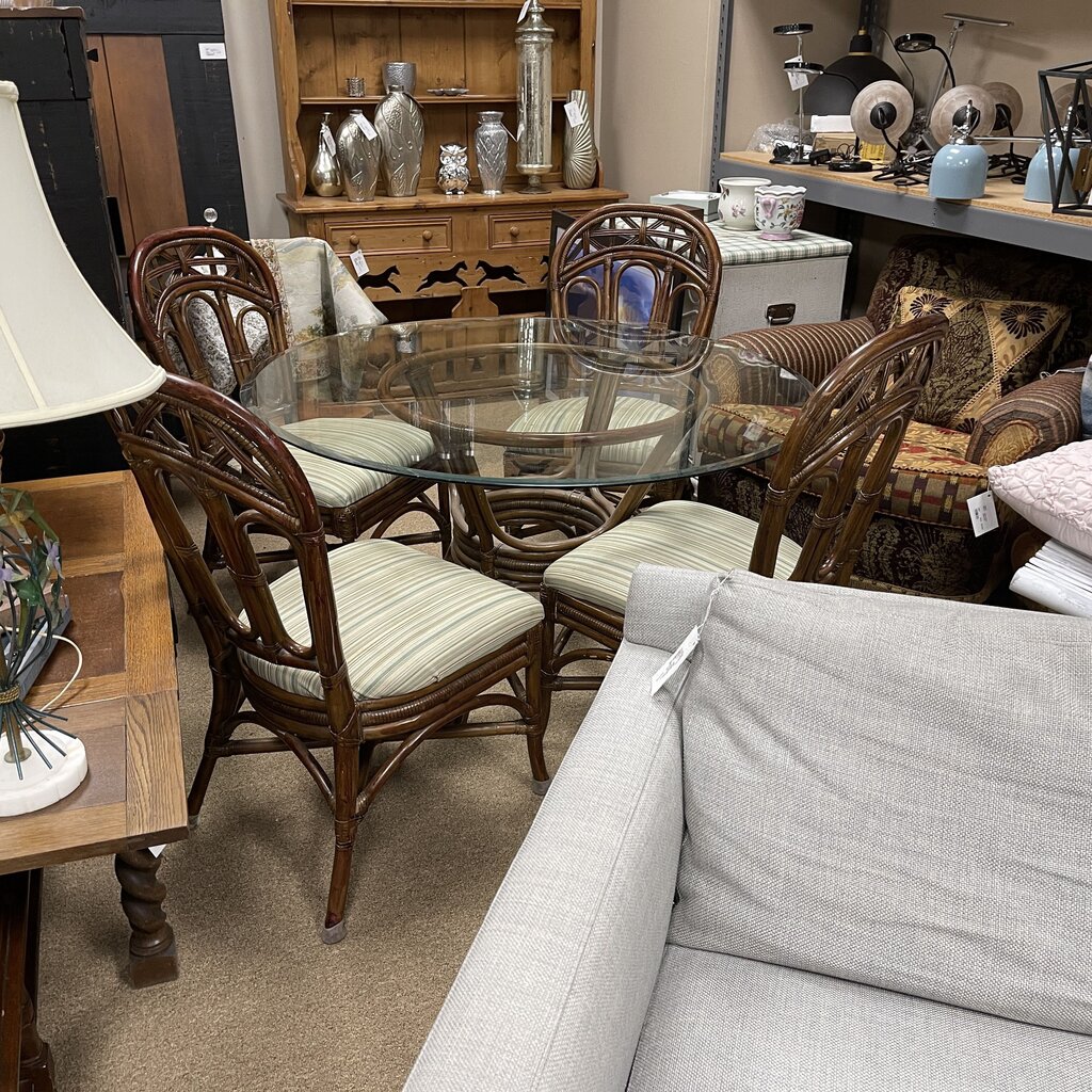 Round Glass Top Rattan Table + 4 Chairs