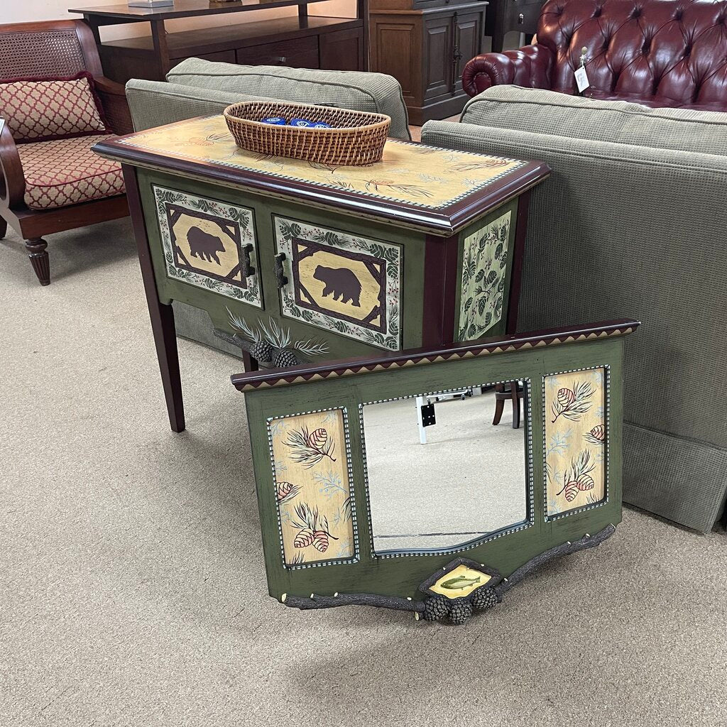 Hand Painted Cabin Style Console Cabinet + Mirror