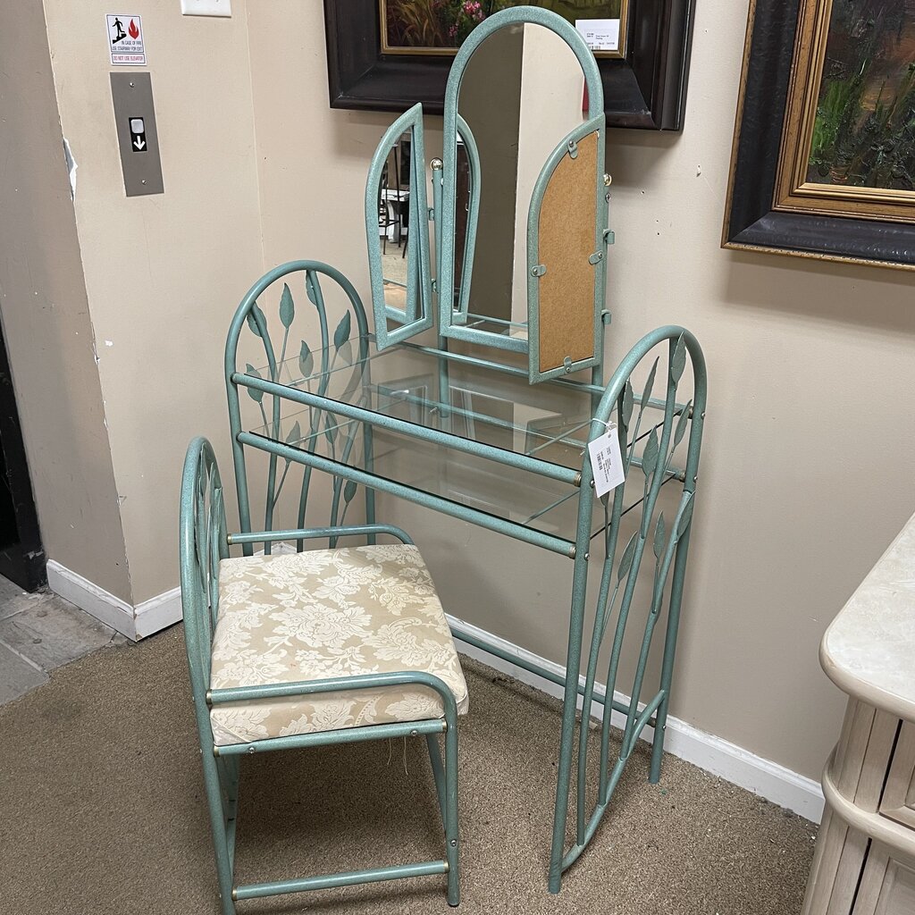 Vintage Hollywood Regency Metal + Glass Dressing Table + Bench