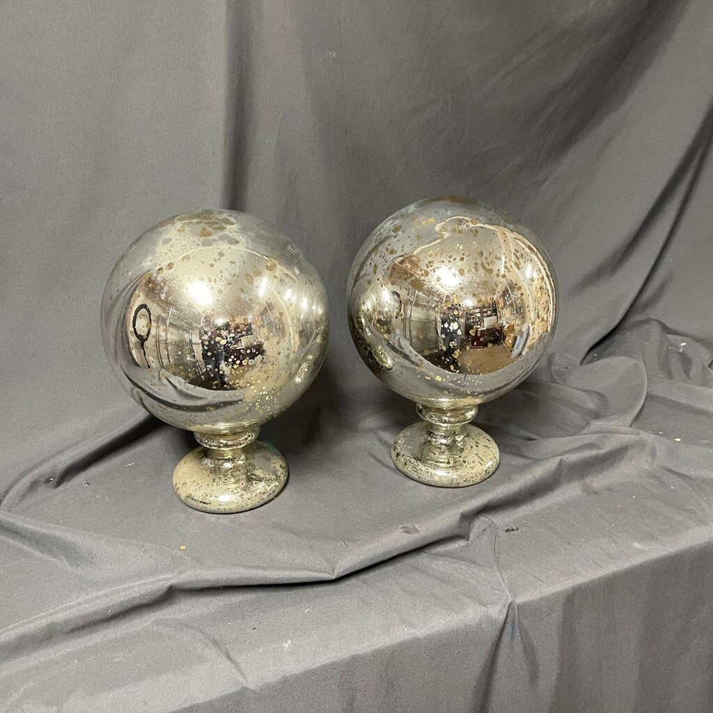 Pair Silvered Glass Tabletop Spheres