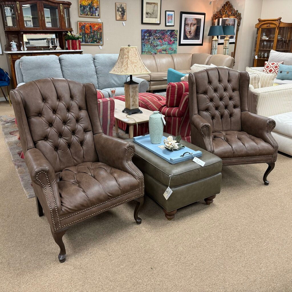 Pair Faux Leather Wingback Chairs