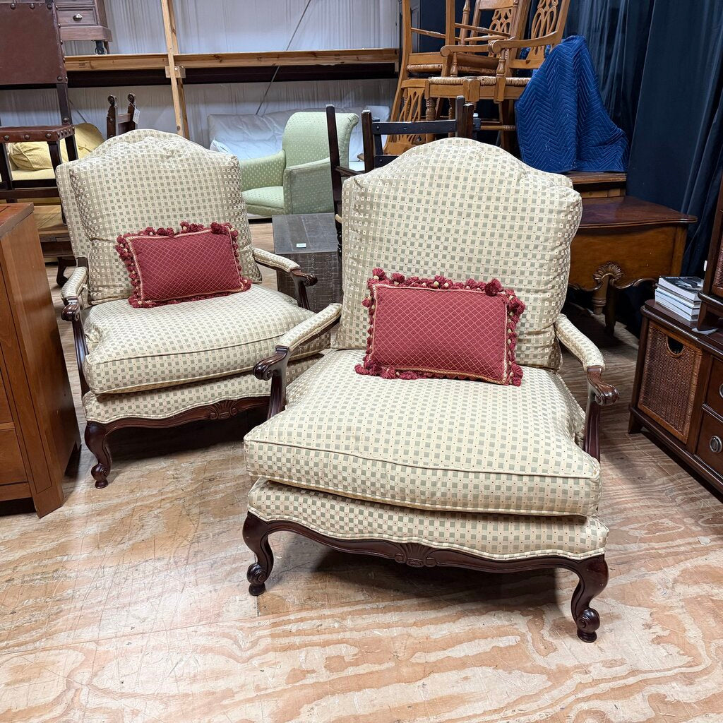 Pair Silk Upholstered Bergere Chairs