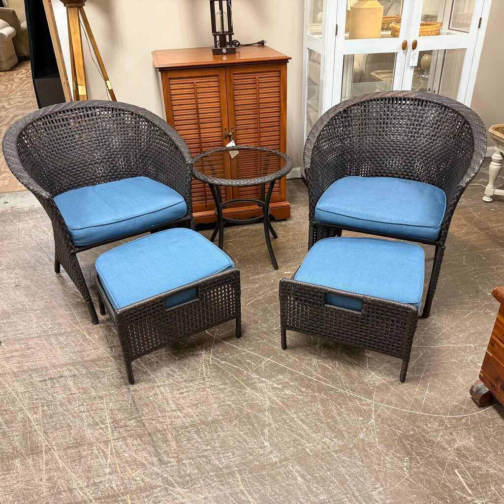Pair Outdoor Rattan Chairs w/Nesting Ottomans + Side Table
