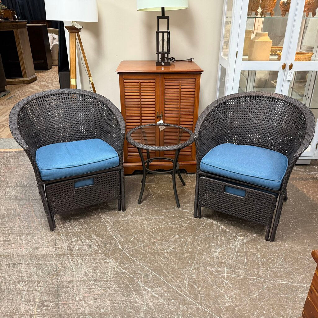 Pair Outdoor Rattan Chairs w/Nesting Ottomans + Side Table