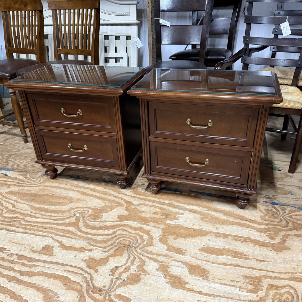 Pair Wood Nightstands w/Glass Top