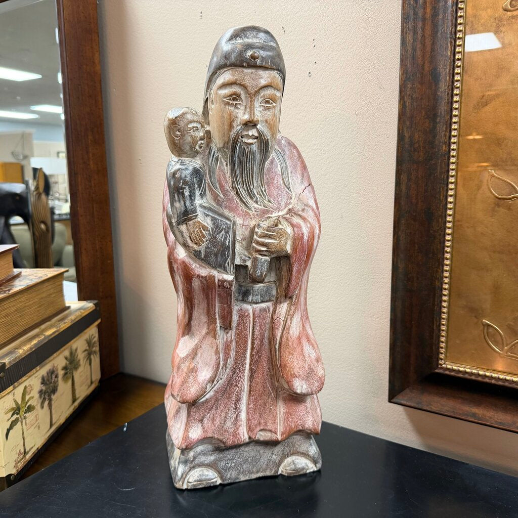 Vintage Carved Wood Asian Man w/Child Statue