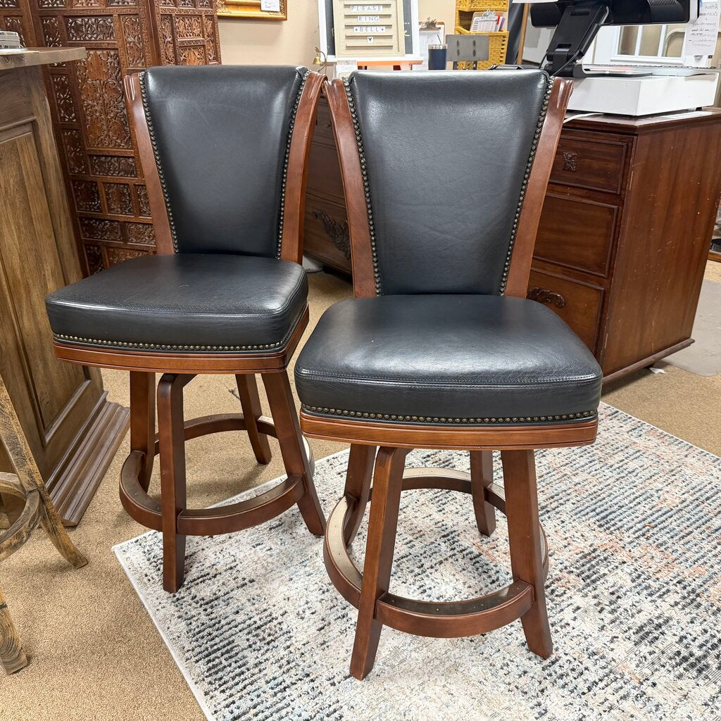 Pair Wood + Leather Bar Stools