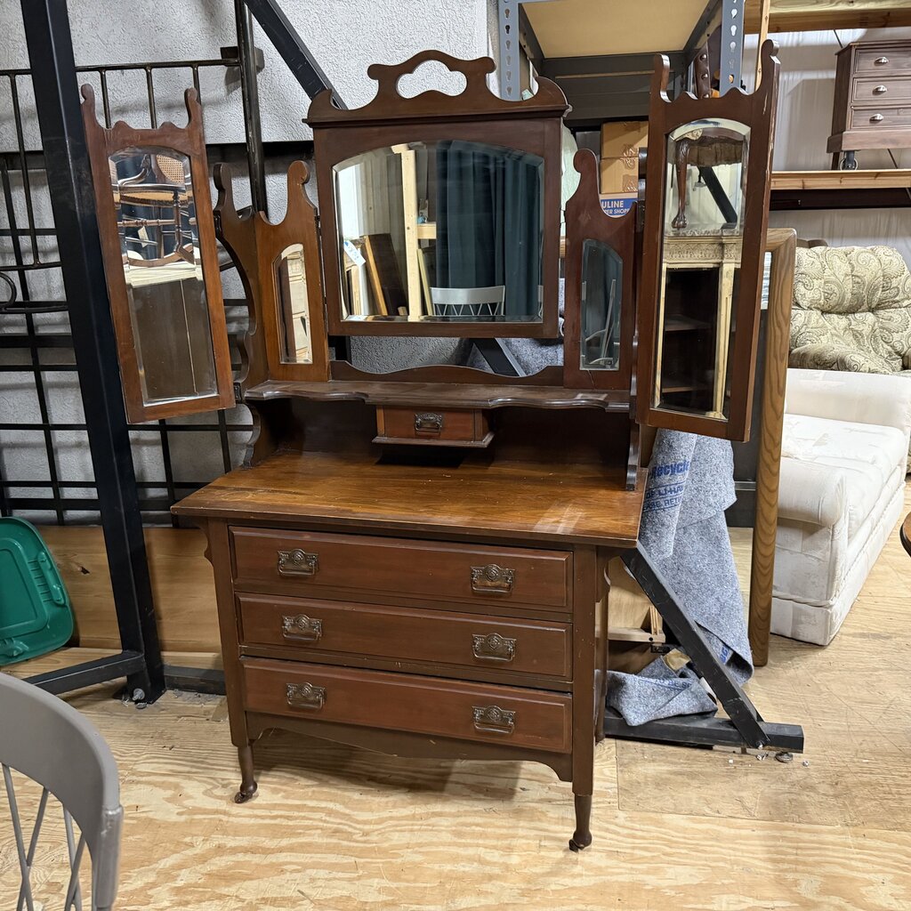 Victorian Walnut Dressing Chest w/Tri Fold Mirrors