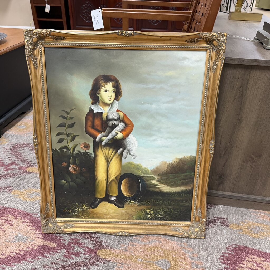 Boy w/Dog Vintage Oil Painting