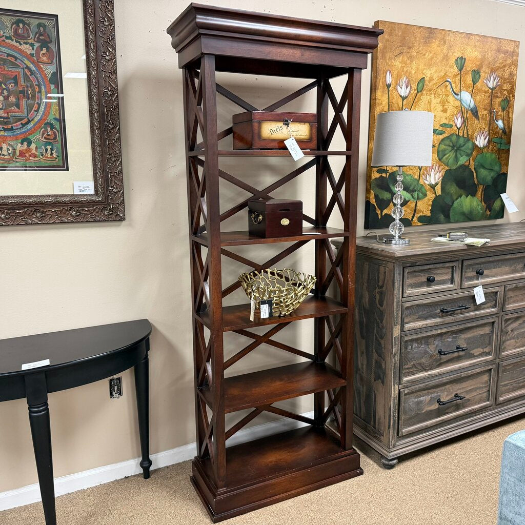 Wood 5-Shelf Bookcase w/Crisscross Detail