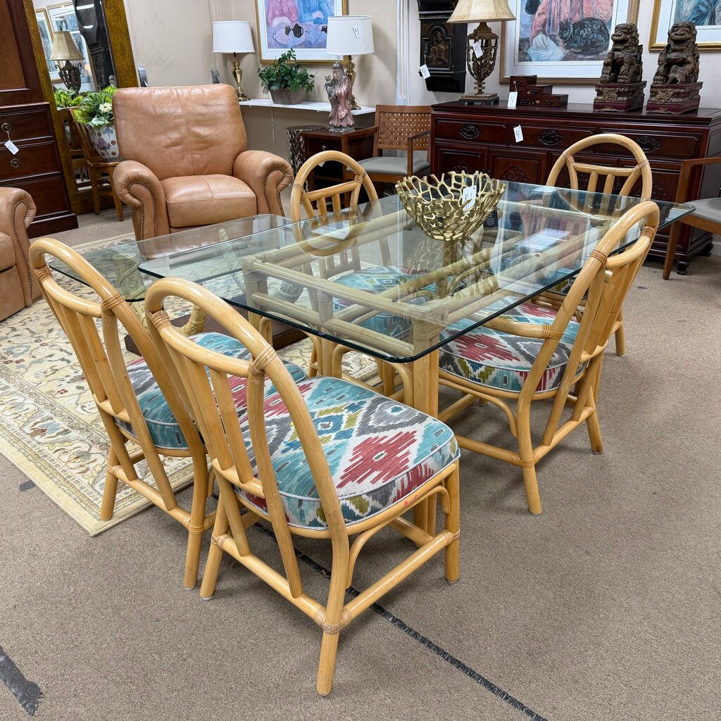 Glass Top Rattan Dining Table + 5 Chairs