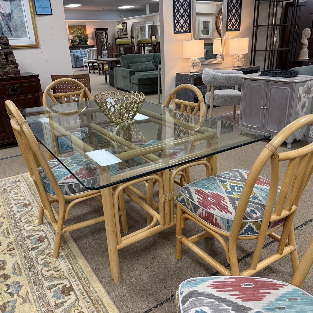 Glass Top Rattan Dining Table + 5 Chairs