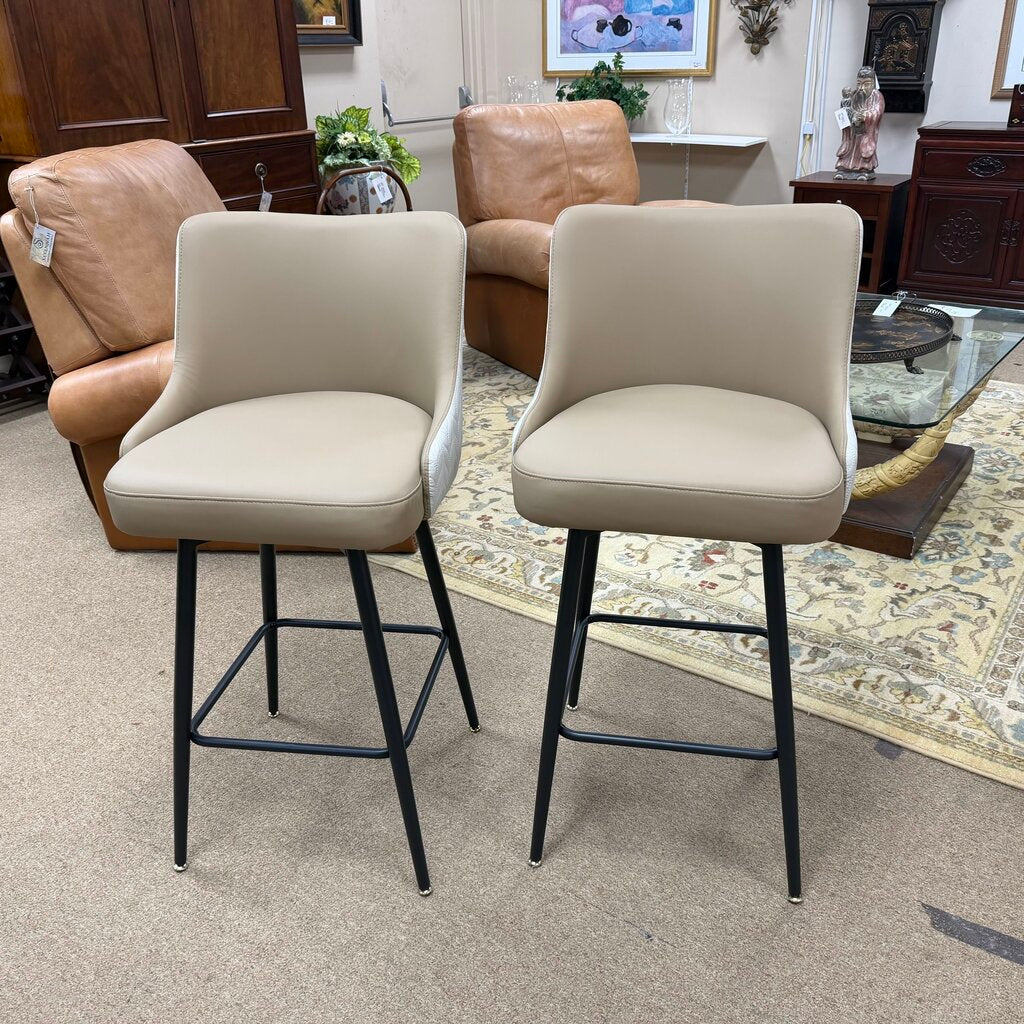Pair Faux Leather Color Blocked Swivel Bar Stools
