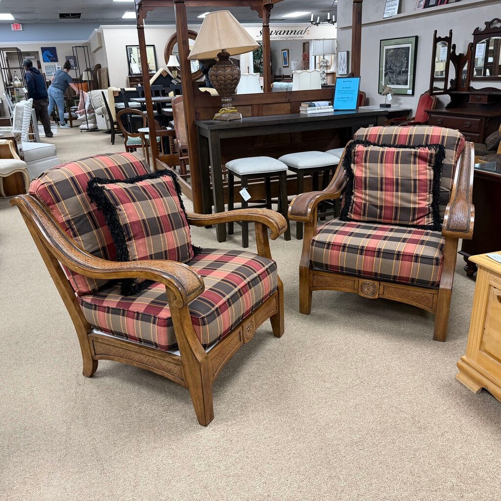 Pair Wood + Rattan Accent Arm Chairs