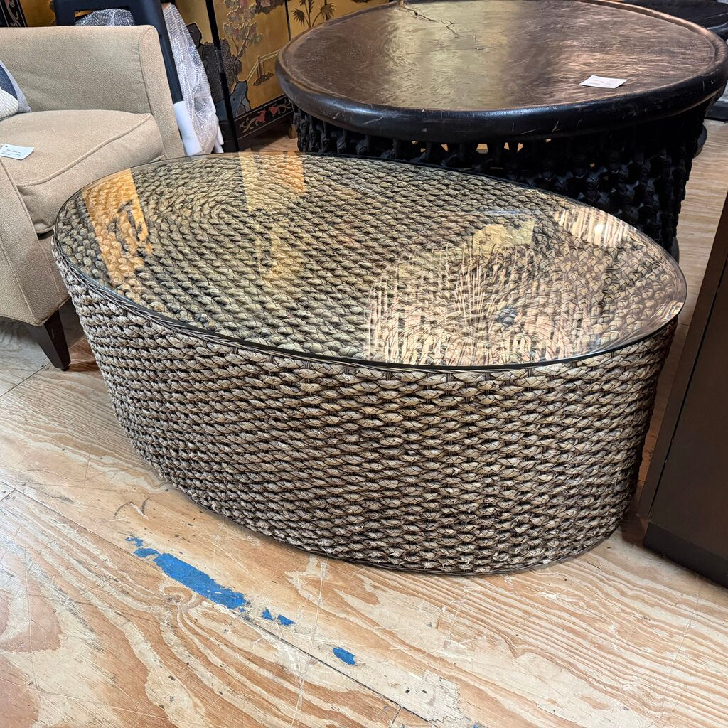 Oval Seagrass Coffee/Cocktail Table w/Glass Top