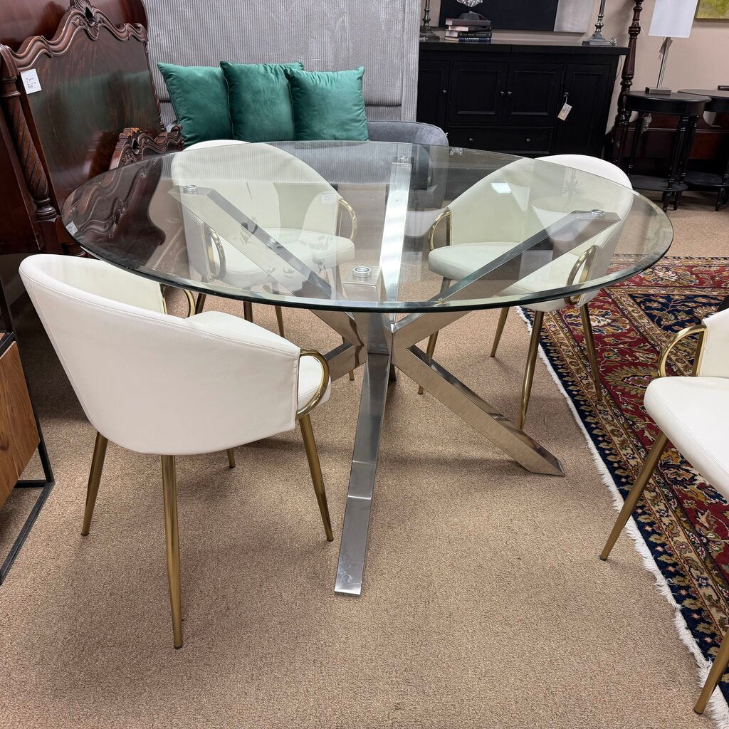 Round Glass Dining Table w/Silver Metal Base