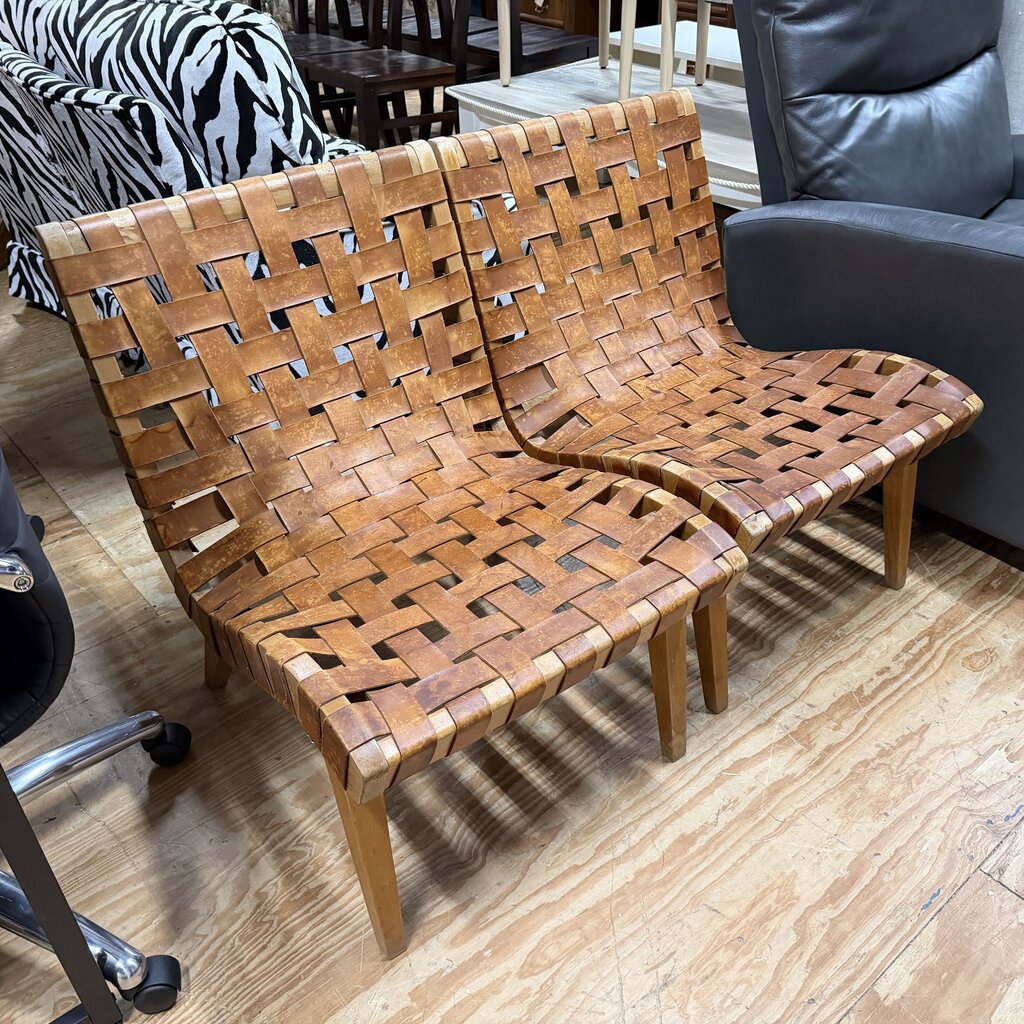 Pair Jens Risom Style Woven Leather Lounge Chairs