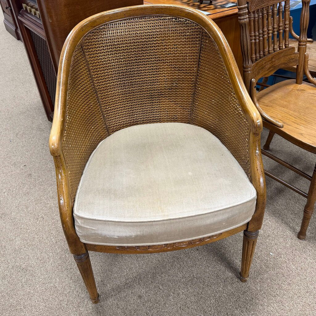 Vintage Walnut Caned Barrel Chair