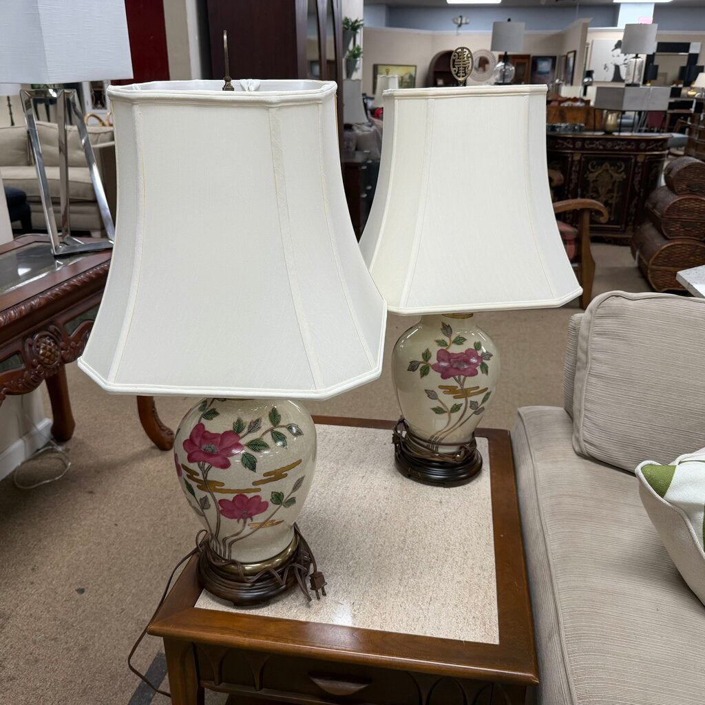 Pair Floral Chinoiserie Cloisonne Lamps