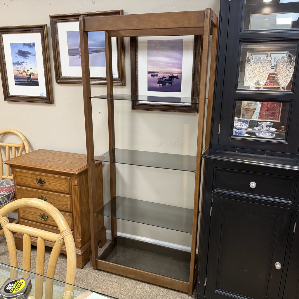 Mid Century Wood + Glass Shelving Unit