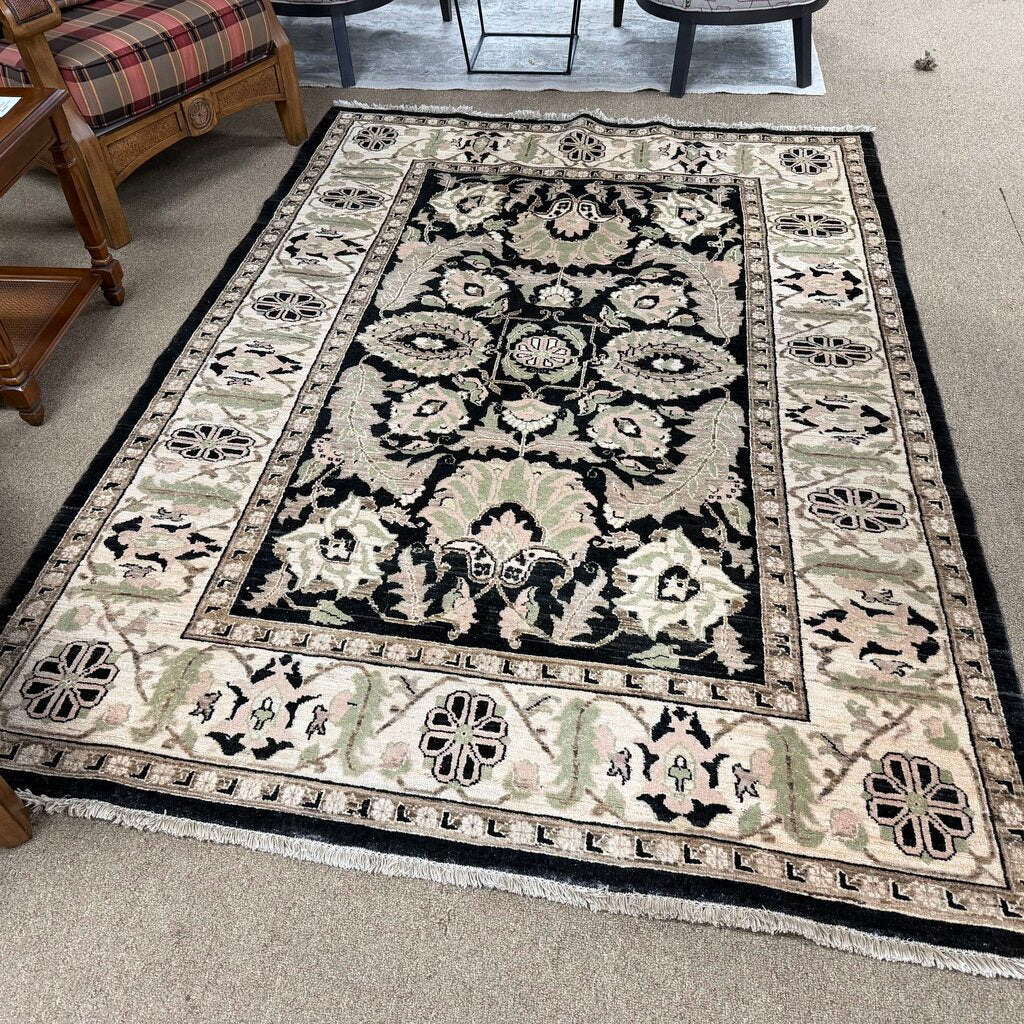 Black + Cream Floral Wool Rug