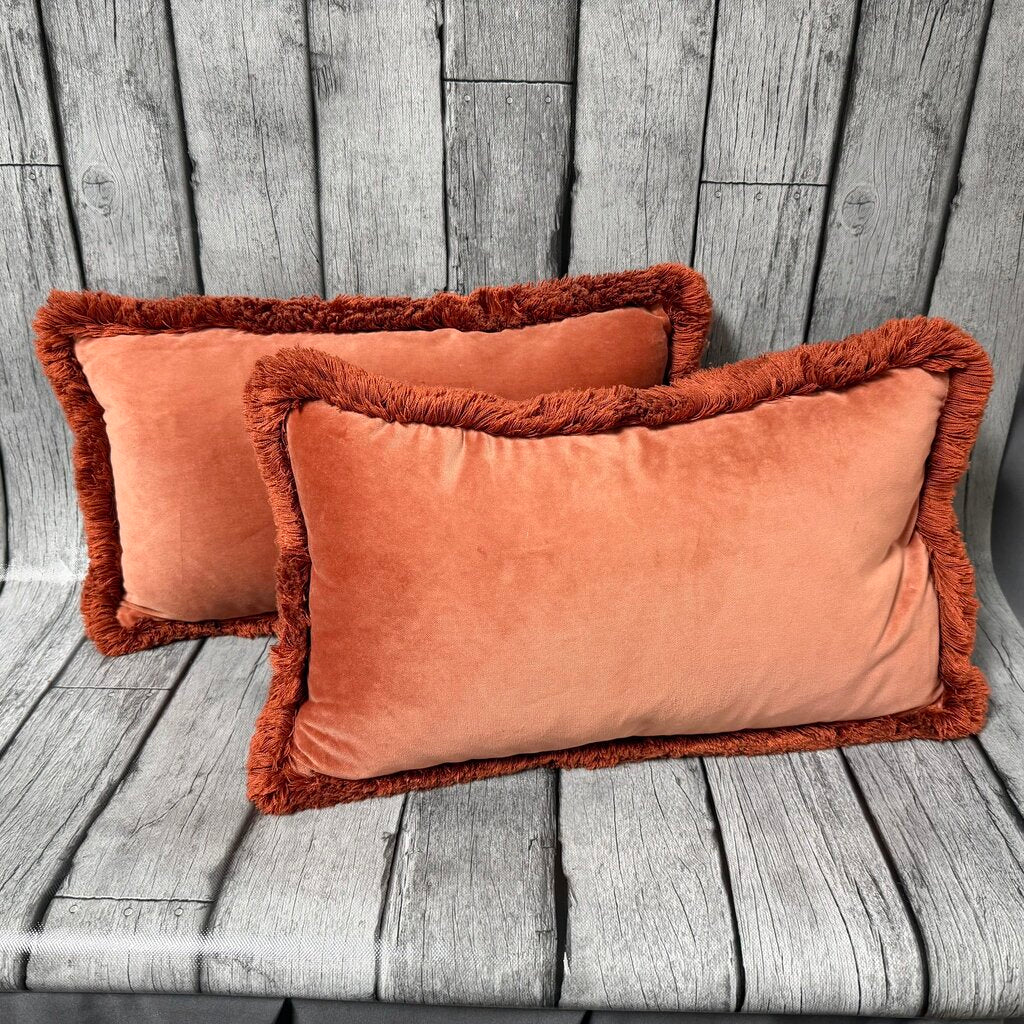 Pair Down Filled Rust Velvet Lumbar Pillows w/Fringe