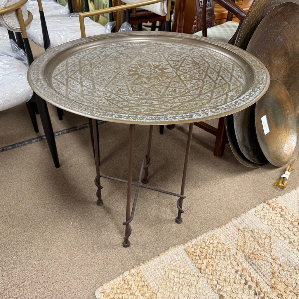 Vintage Moroccan Brass Tray Table w/Wrought Iron Base