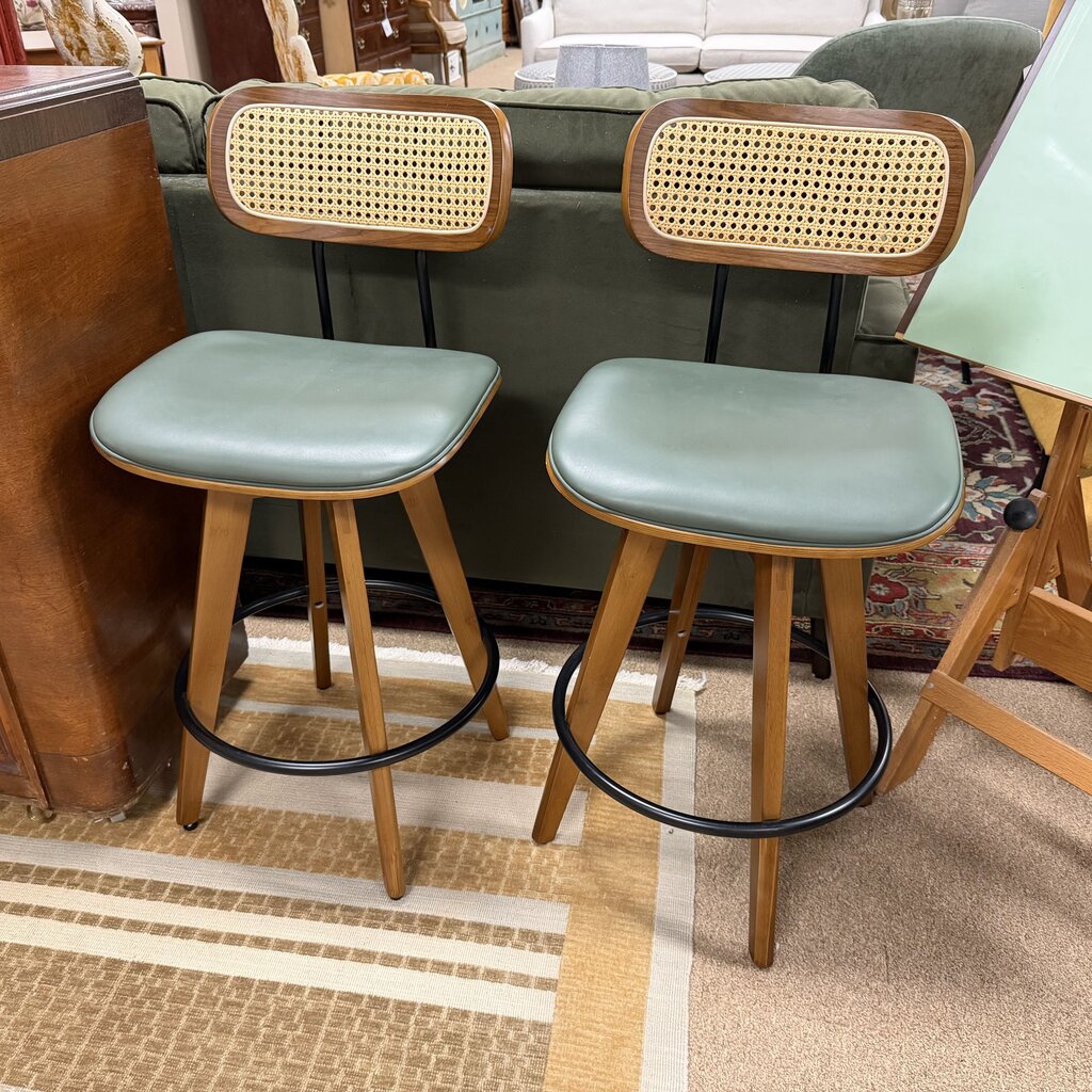 Pair Wood + Faux Leather Caned Back Bar Stools