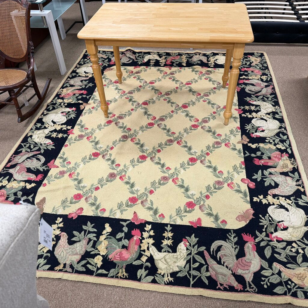 Hooked Wool Rug w/Rooster Border