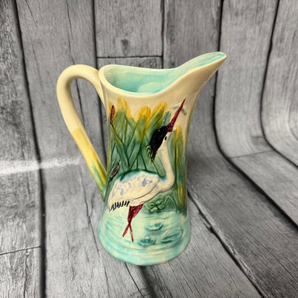 French Art Nouveau Heron + Cattails Faience Pitcher c1950-1970
