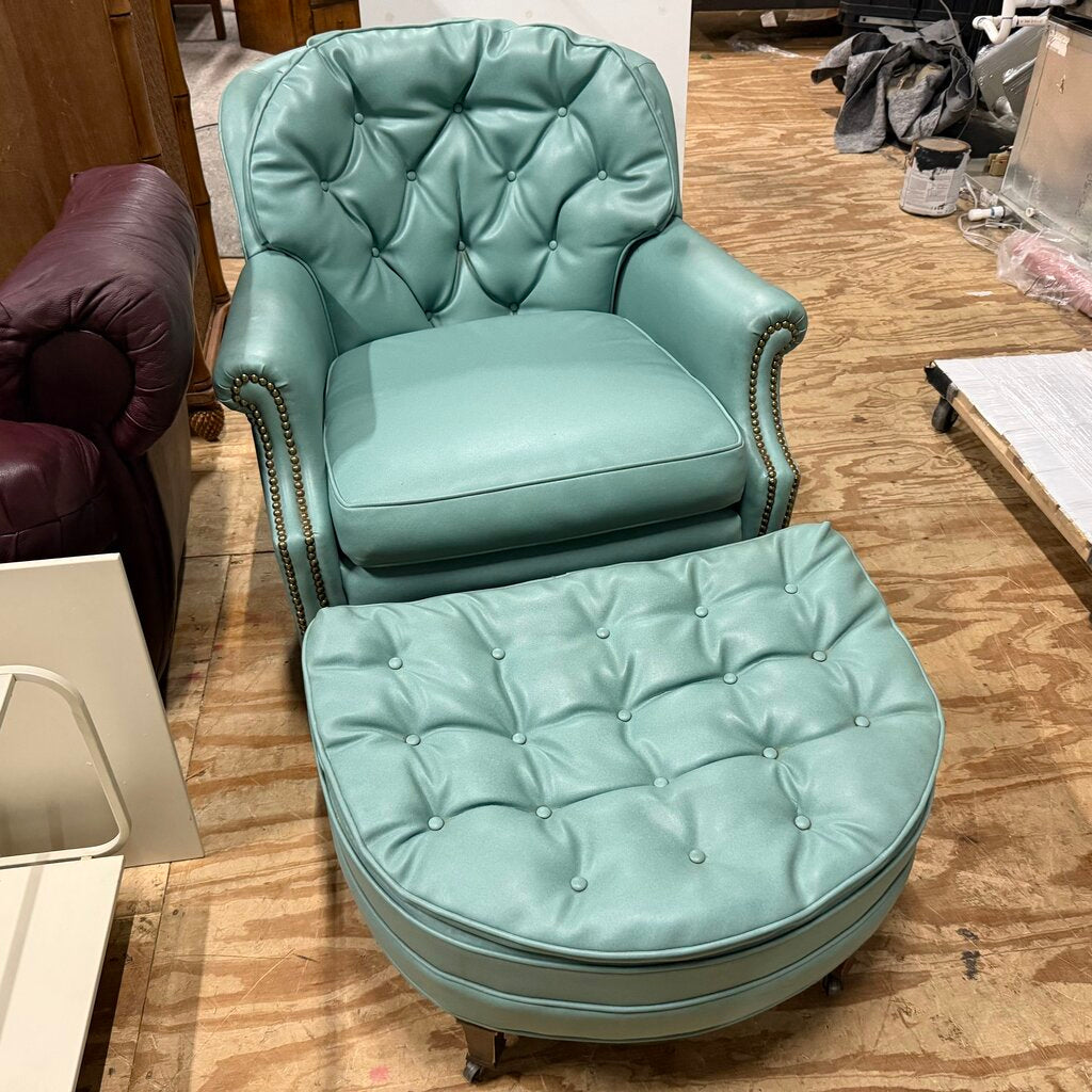 Vintage Mid-Century Faux Leather Tufted Club Chair + Ottoman