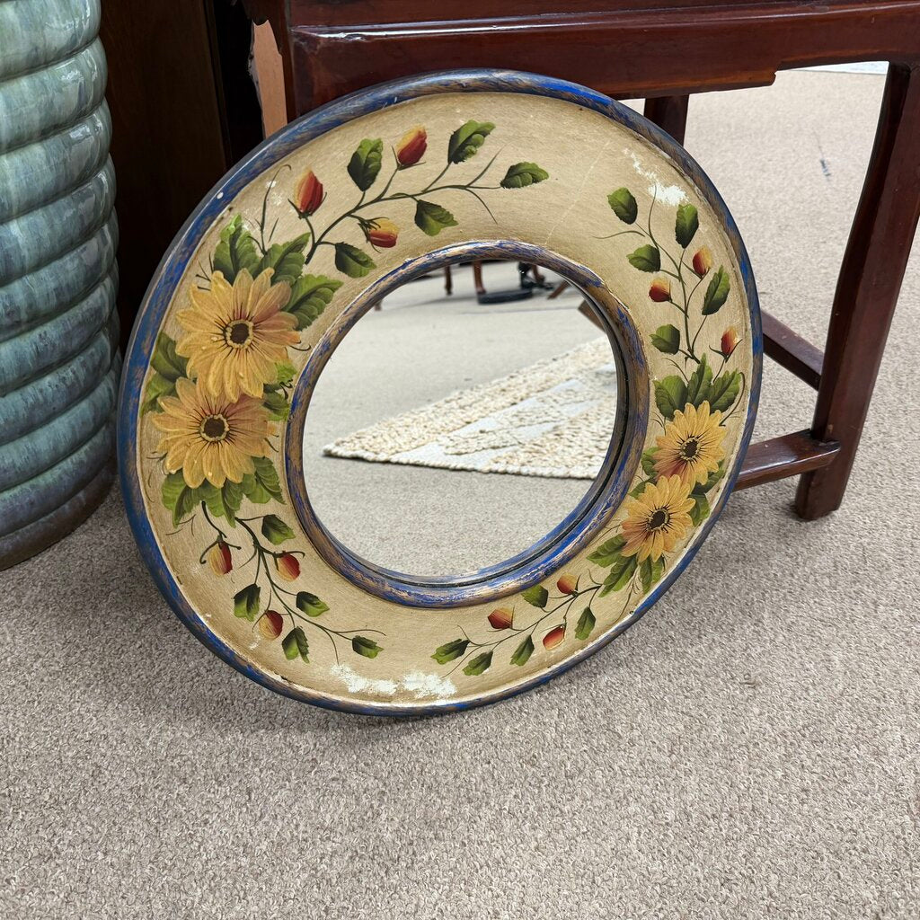 Folk Art Painted Small Round Mirror