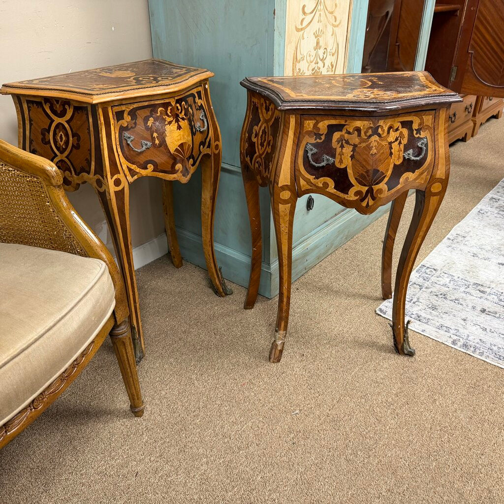 Pair Louis XV-Style Marquetry Side Tables w/Cabriole Legs and Floral Inlay