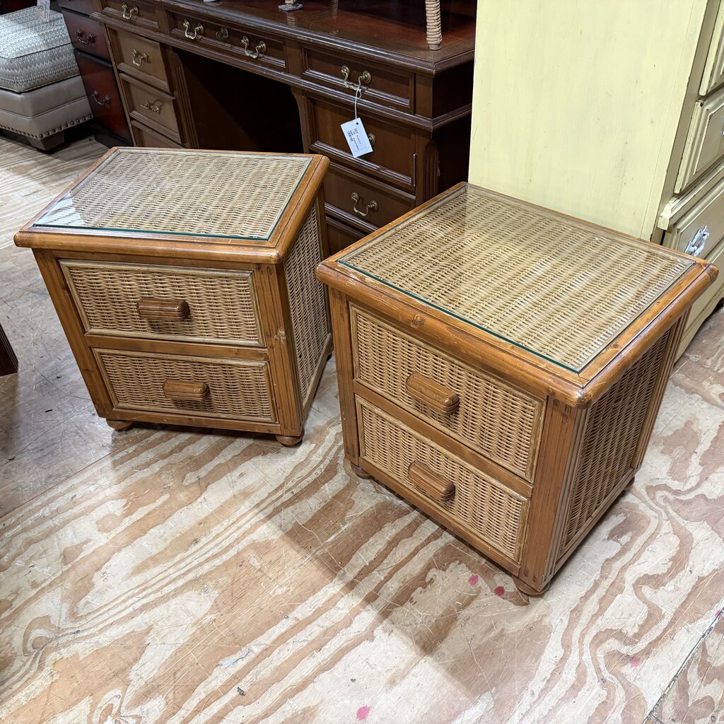 Pair Wicker + Wood Nightstands w/Glass Top