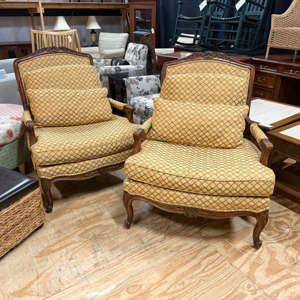 Pair Louis XV Style Carved Wood Arm Chairs