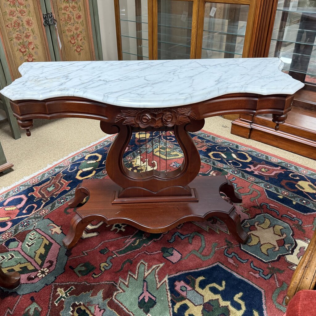 Victorian Marble-Top Lyre Pedestal Parlor Table