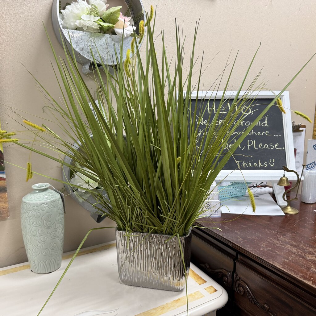 Faux Grass in Pewter Planter