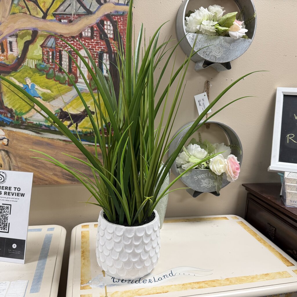 Faux Grass in White Ceramic Planter