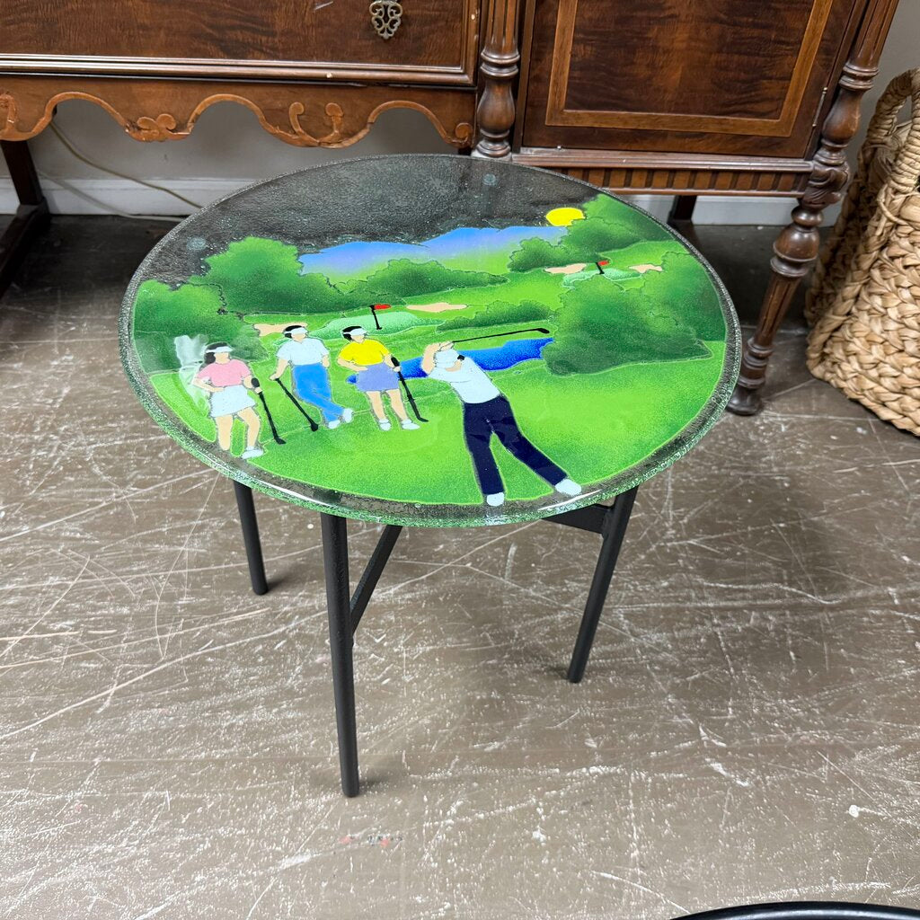 Painted Glass Golf Themed Accent Table