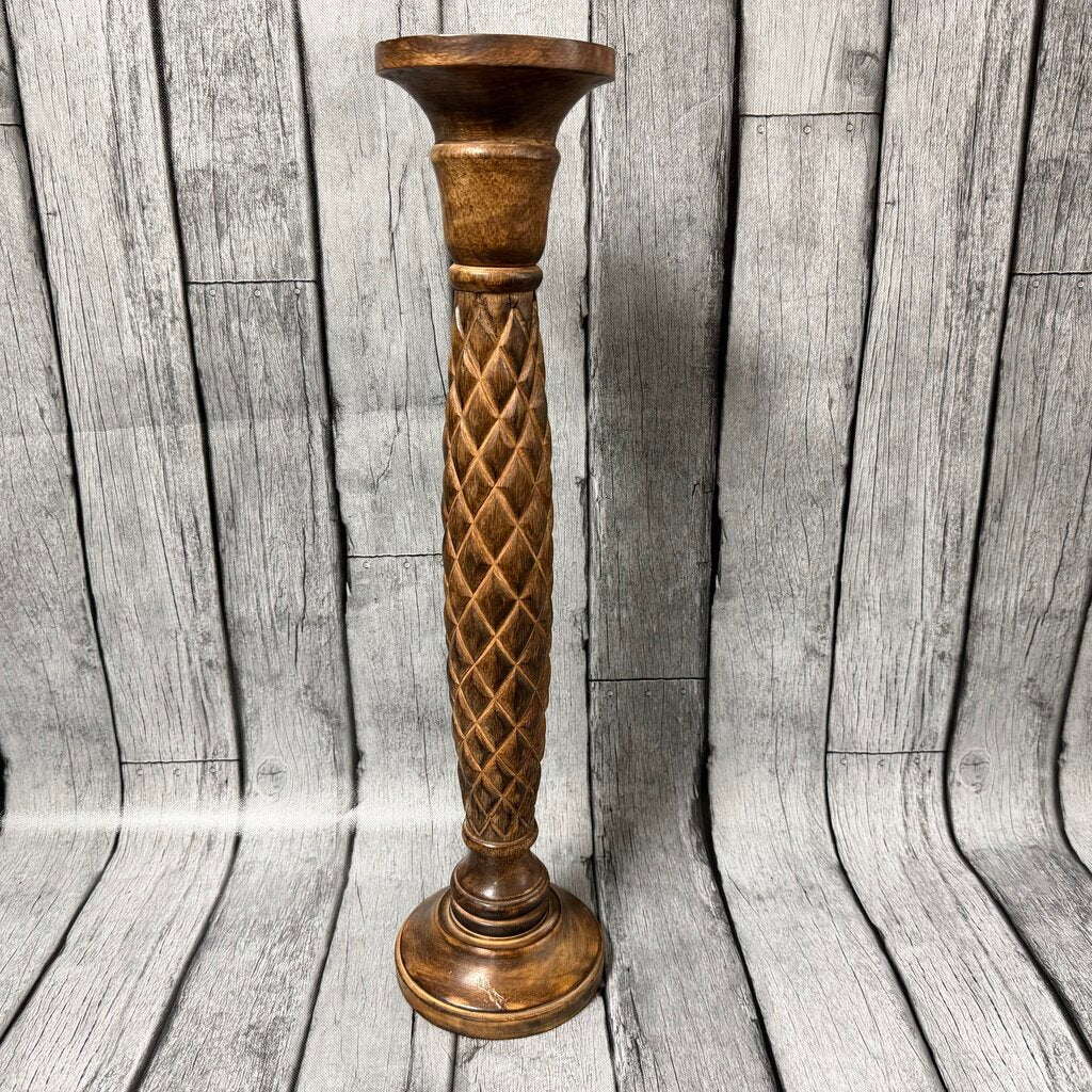 Tall Carved Wood Candle Holder
