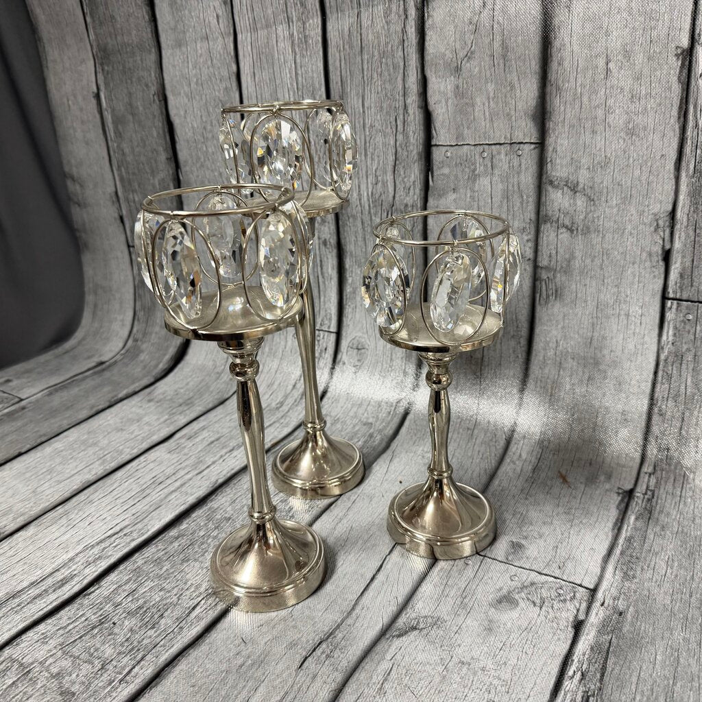 Set/3 Metal Candleholders w/Crystals