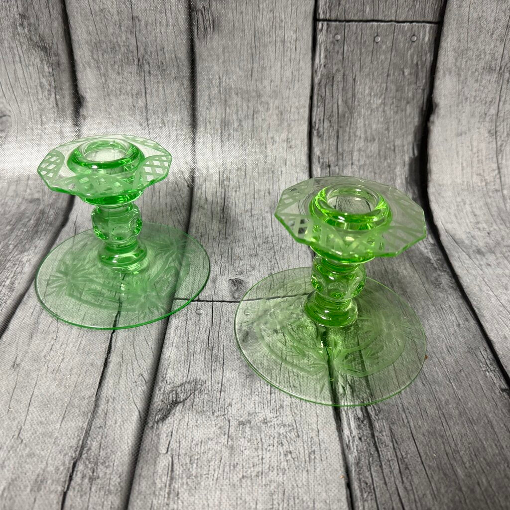 Pair Depression Uranium Glass Floral Candleholders