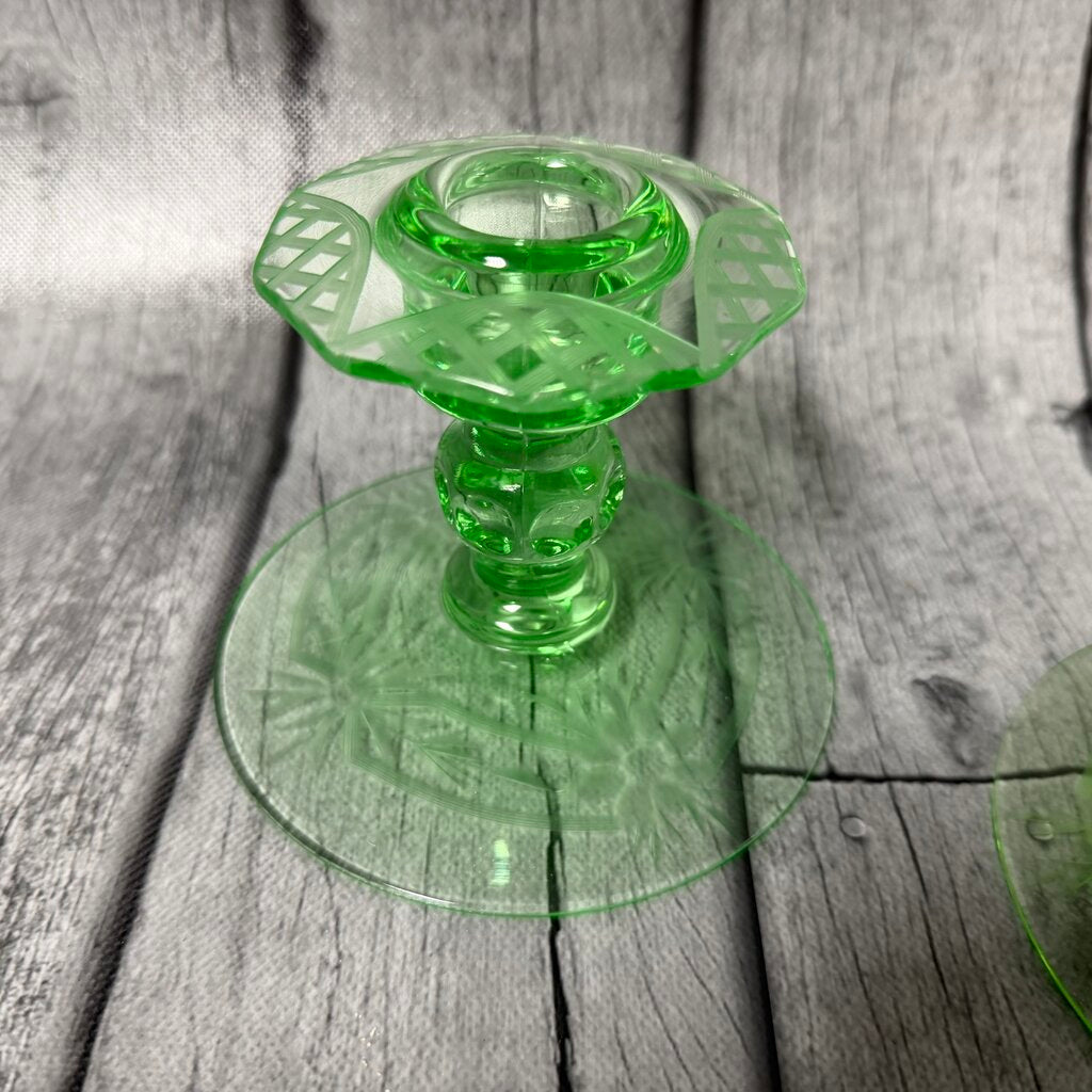 Pair Depression Uranium Glass Floral Candleholders